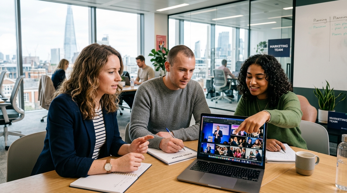  London marketing team reviewing conference photography together for event photography content strategy planning guide