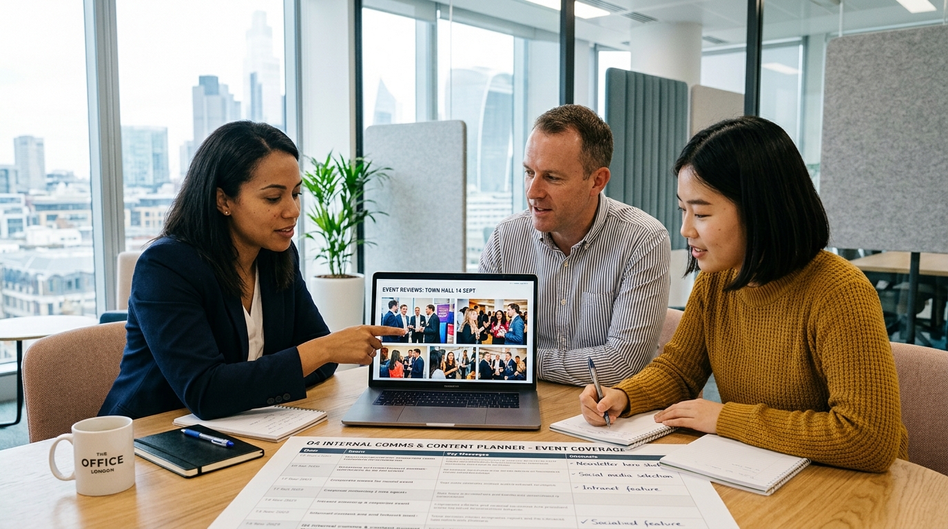 London HR or internal communications team reviewing corporate event photography for content planning for event photography for HR teams guide