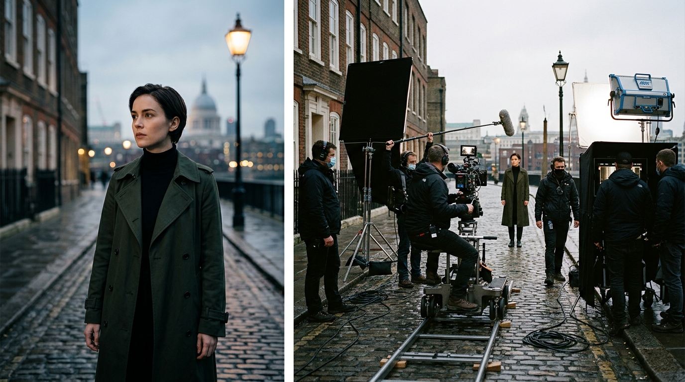 London production showing unit stills character portrait versus BTS documentary image for behind the scenes content for brands guide