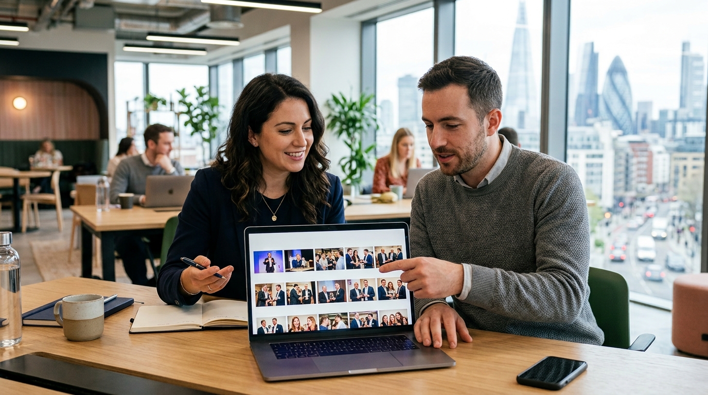 Corporate marketing team reviewing an organised private event photo gallery with keynote networking and awards photographs after a London event
