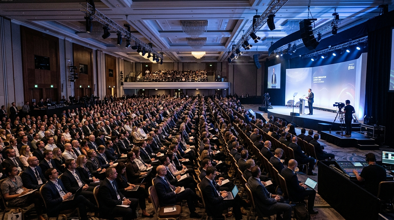  Large London business conference with keynote stage and delegates illustrating event photographer booking lead time