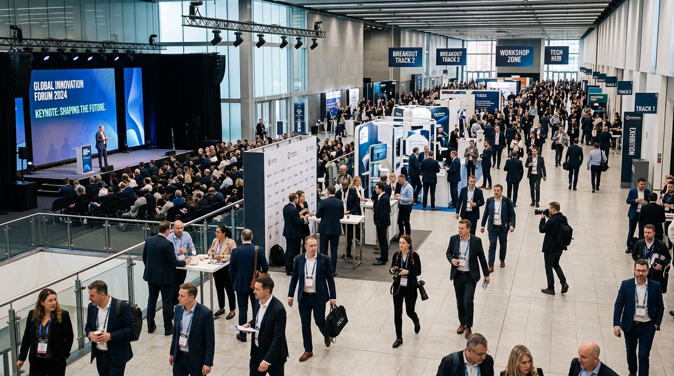 Multi-track London conference with breakout sessions and event photographers showing why complex events need earlier booking 