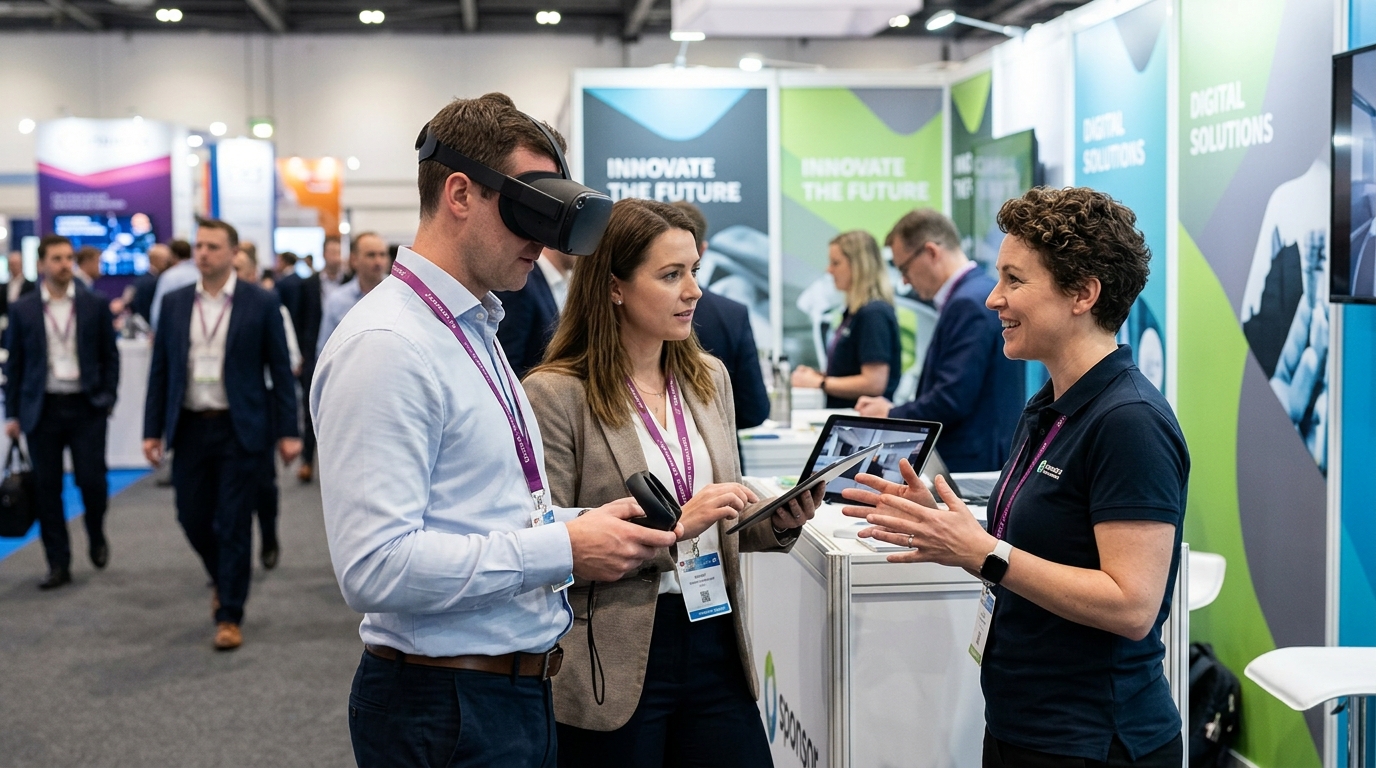 Delegates interacting with a sponsor product demonstration at a London conference for sponsor activation photography 