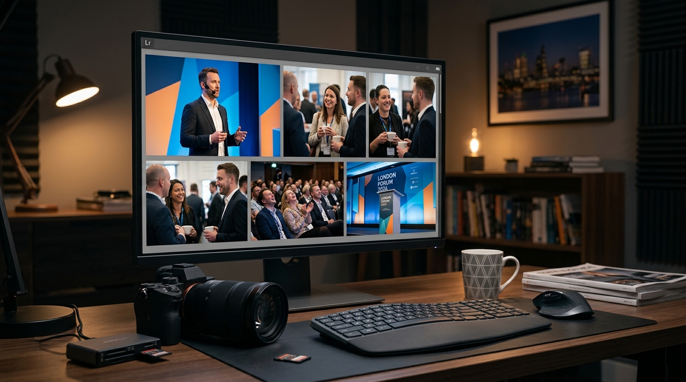 Curated edited event photos from a corporate conference displayed on a professional editing workstation before client delivery
