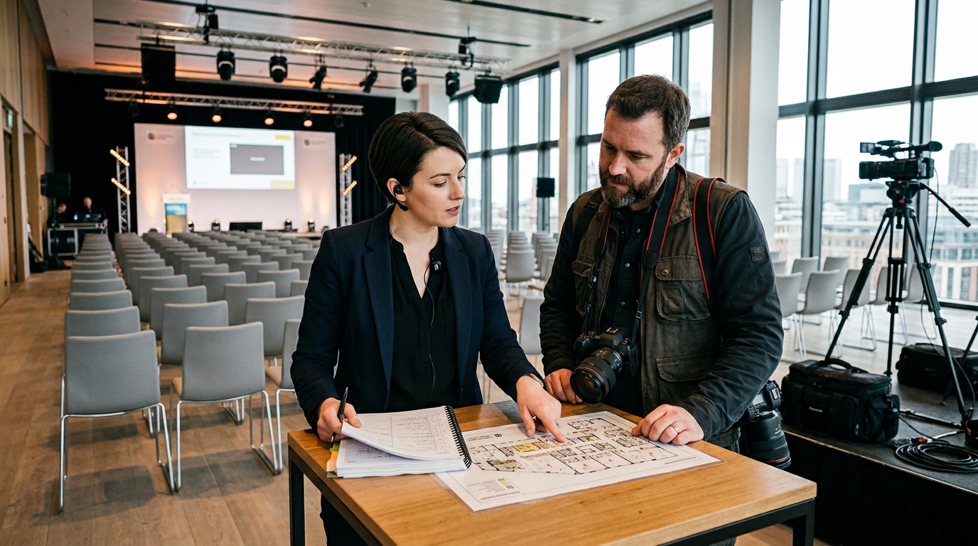  London event photographer and corporate organiser reviewing a run sheet before a conference to plan photography coverage 
