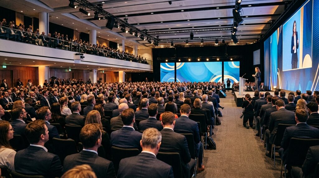 Professional event photographer covering a London corporate conference with keynote speaker and seated business audience
