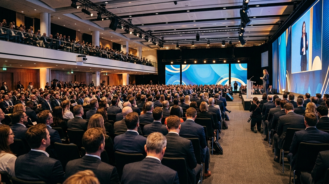 Professional event photographer covering a London corporate conference with keynote speaker and seated business audience