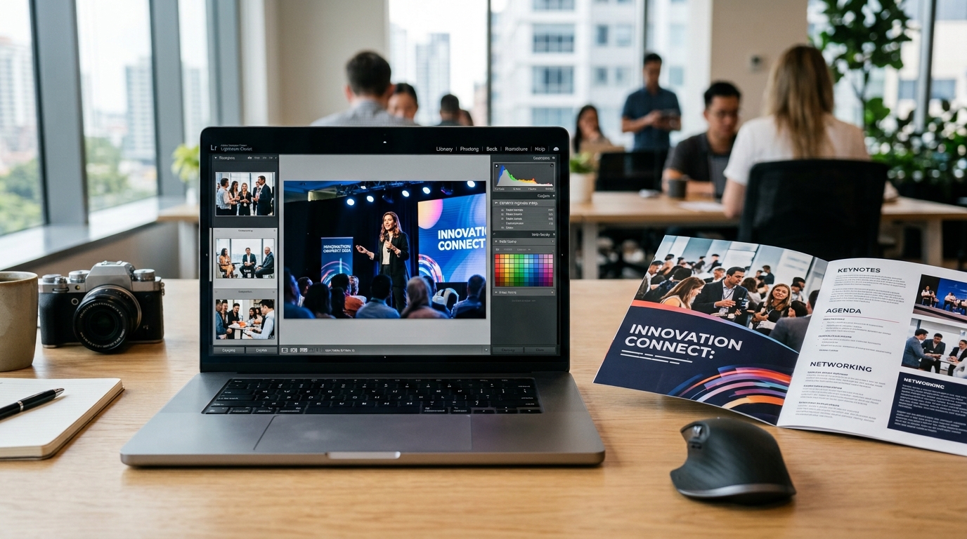 High-resolution corporate event photographs displayed on laptop illustrating event photography file formats and web-ready delivery options
