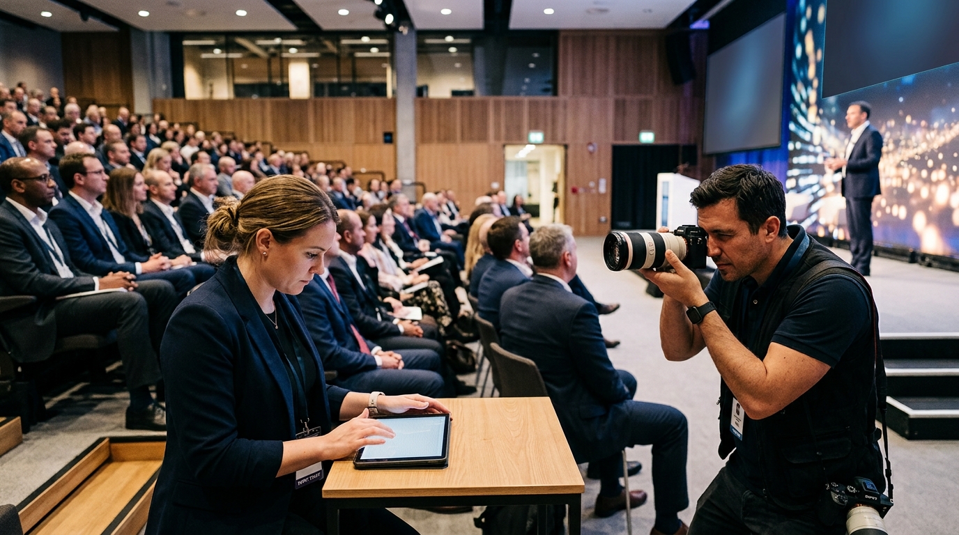 London corporate event photographer and marketing team reviewing professional event images for a guide to event photography usage rights in the UK