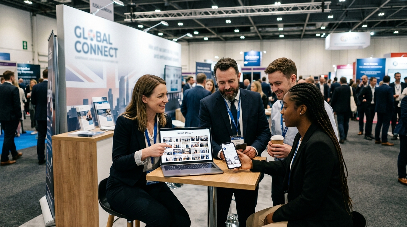 Exhibitor marketing team reviewing professional London trade show photos for social media and post-event content