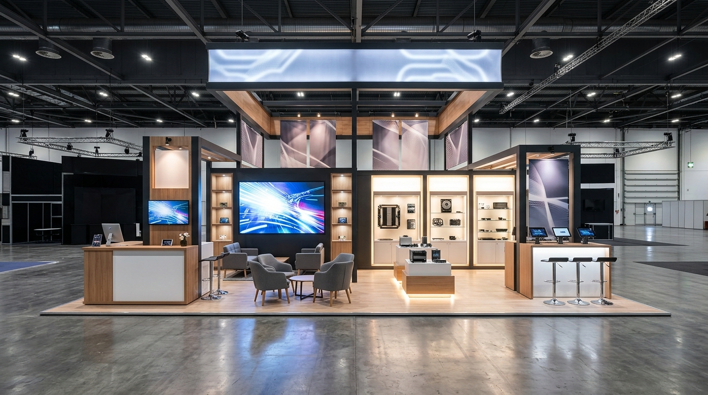 Clean London exhibition stand photographed before visitors arrive showing booth design branding and product display areas