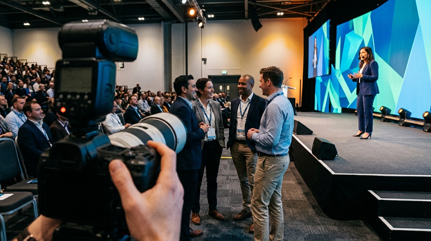 Professional photographer covering a London corporate event illustrating photography copyright ownership for UK business clients
