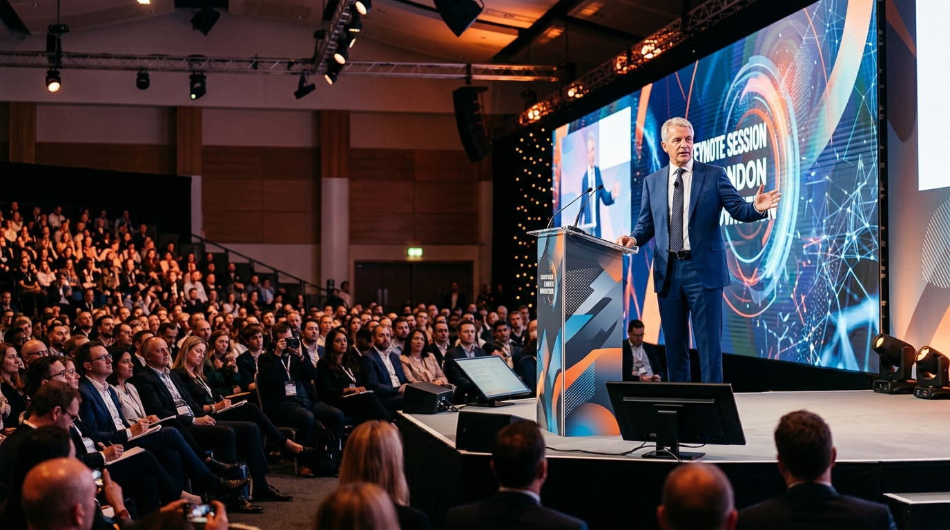  London conference keynote speaker on sponsor-branded stage with full audience showing contextual sponsor visibility photography