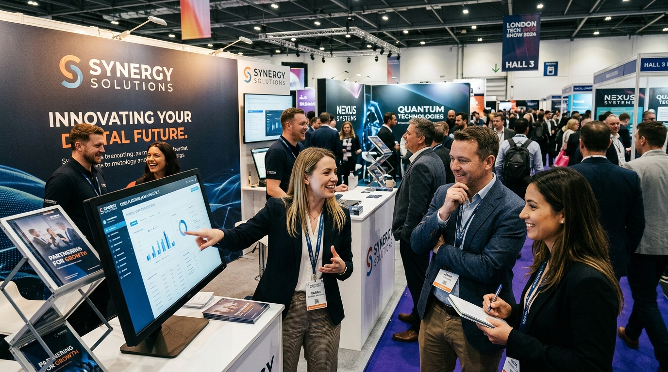 Trade show visitors watching a product demonstration and speaking with exhibition staff at a London expo stand