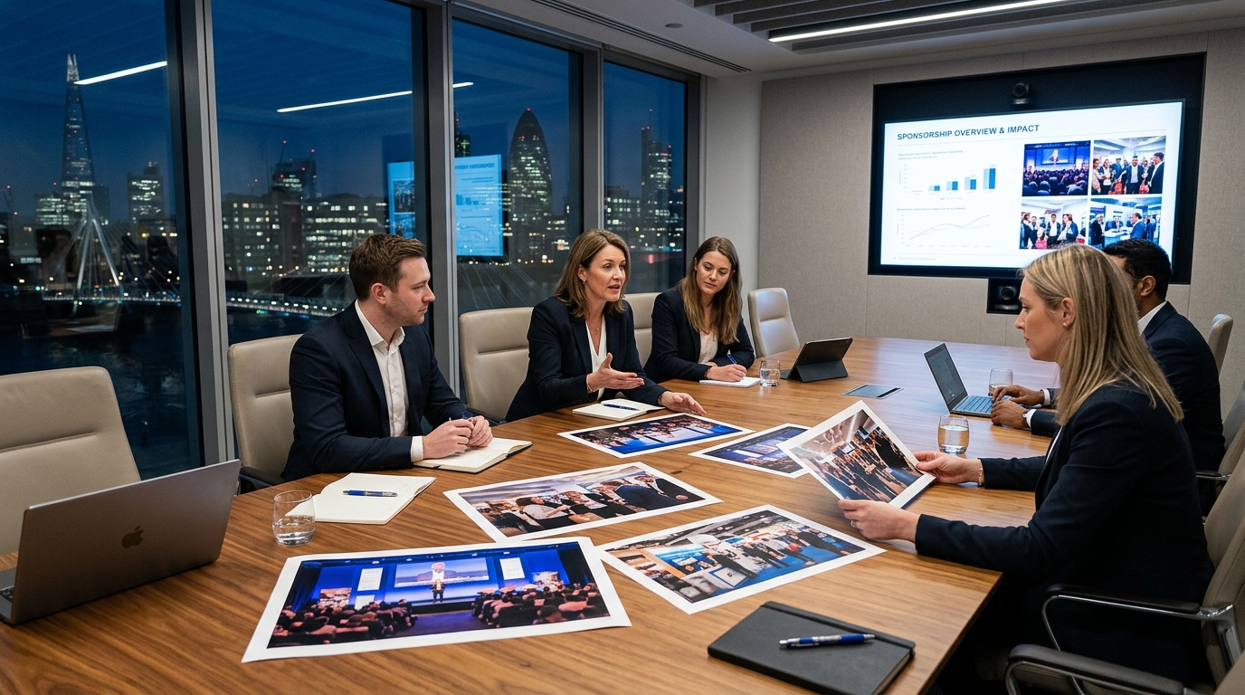 London event organiser and sponsor reviewing professional event photographs during a sponsorship renewal meeting
