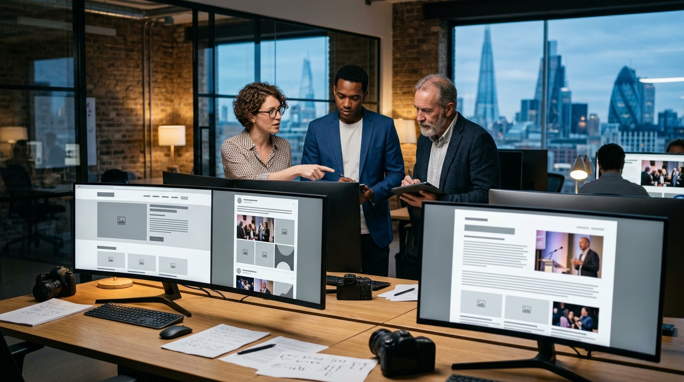 Corporate communications team repurposing professional event photographs for PR social media website and advertising use in the UK