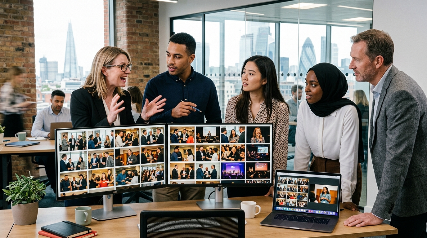 London marketing and PR team reviewing event photos for website social media PR and commercial image licensing decisions
