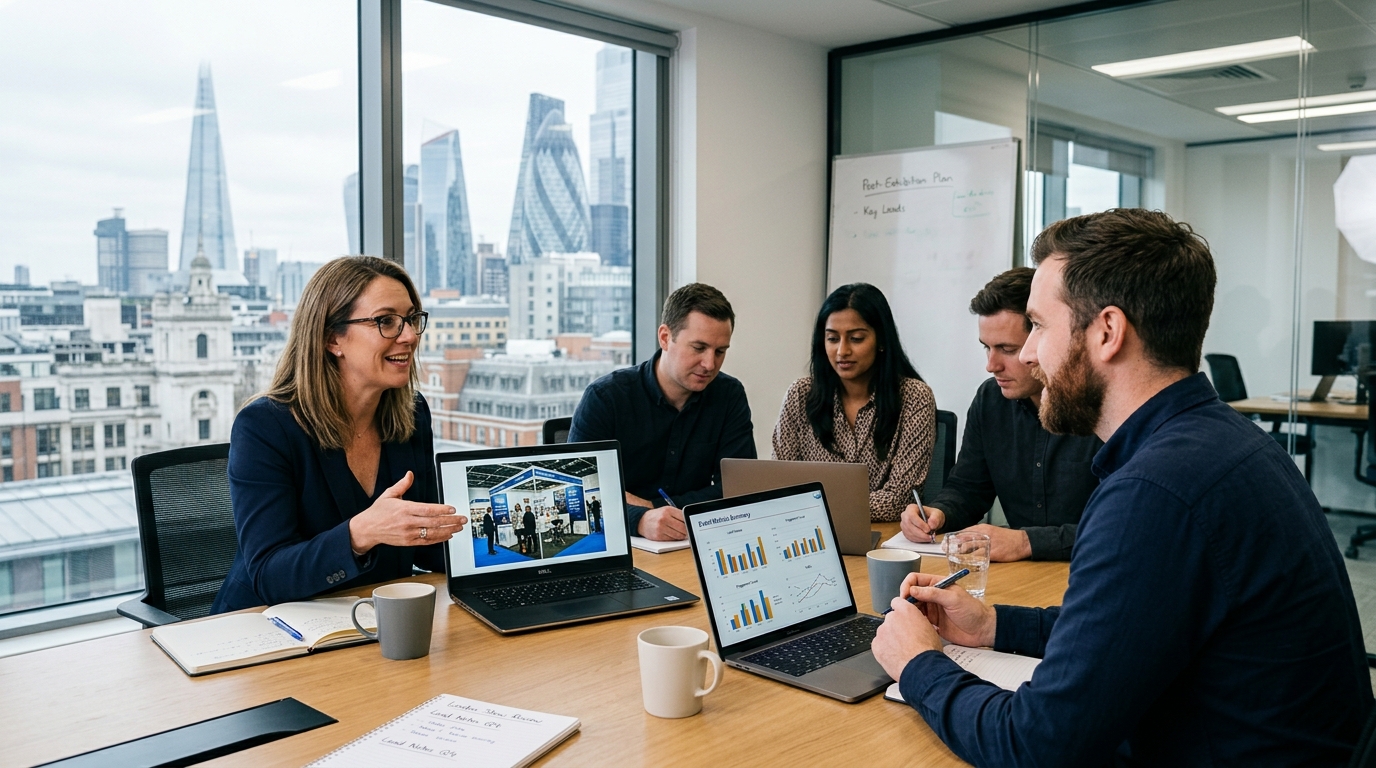 Sales and marketing team reviewing London exhibition stand photographs and post-show results for follow-up planning 