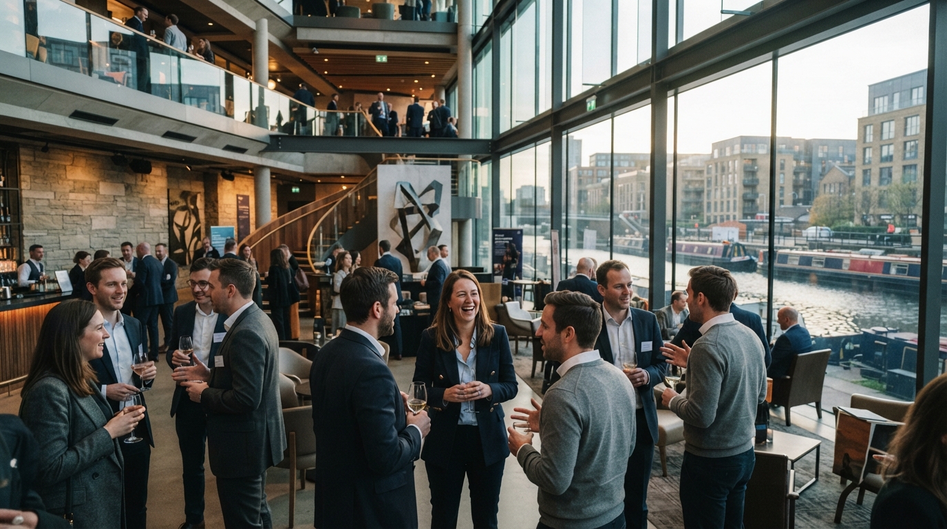 Business delegates networking inside a modern Kings Place-style venue in King's Cross London