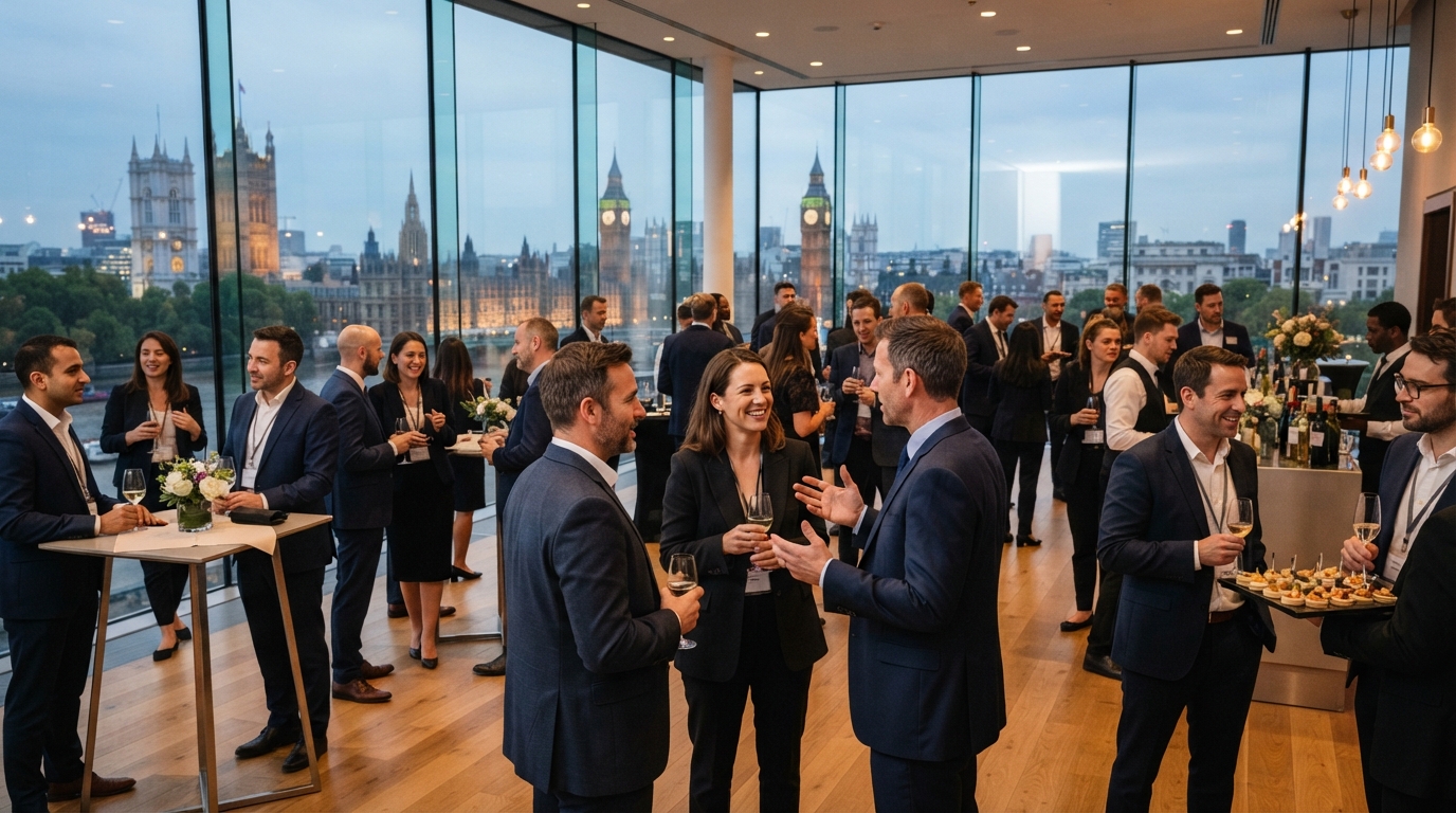 Corporate networking reception at the QEII Centre with natural light and Westminster views in the background