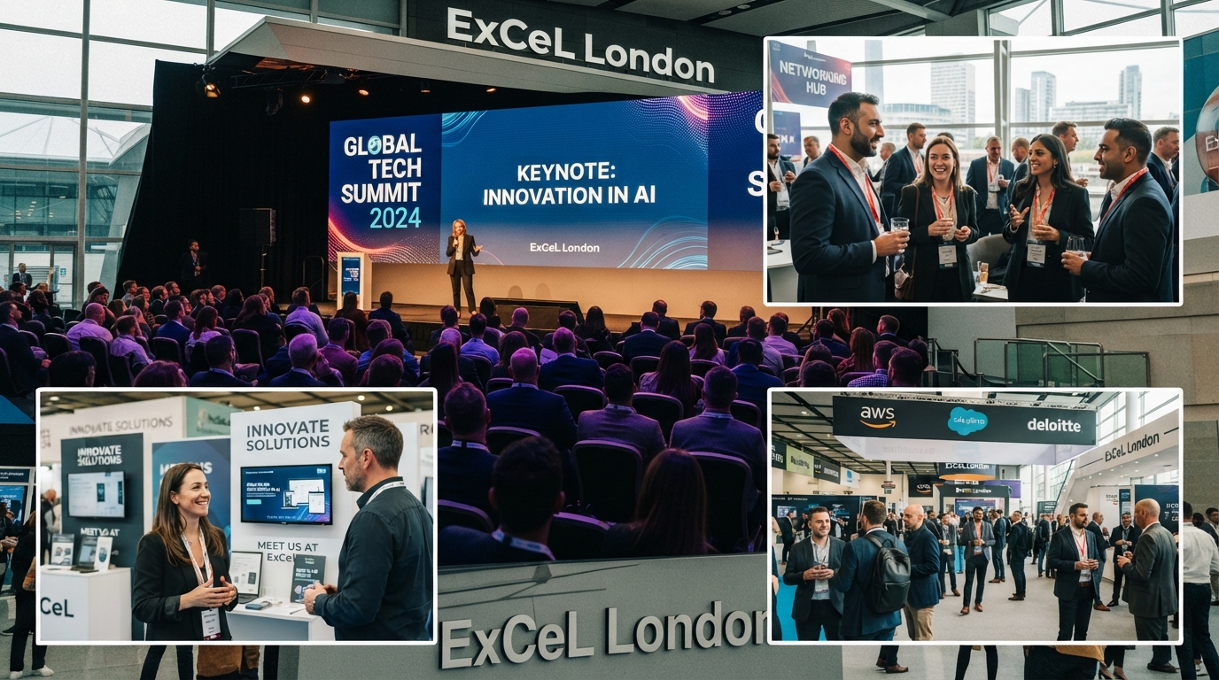 ExCeL London event photography showing speakers, networking, exhibitor activity and sponsor visibility for post-event marketing