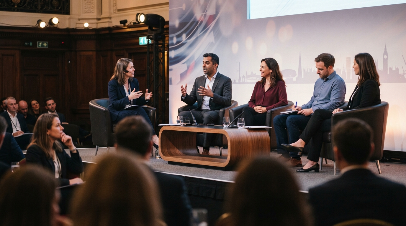 Panel discussion at a Westminster conference with speakers, moderator and audience for professional QEII Centre event photography