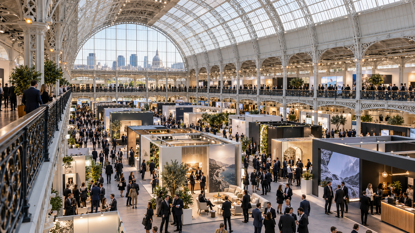 Wide Olympia London Grand Hall event with delegates, exhibition stands and Victorian glass roof showing venue scale