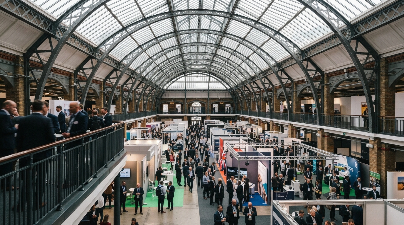 Elevated view across the Business Design Centre exhibition floor and mezzanine with delegates and professional stands