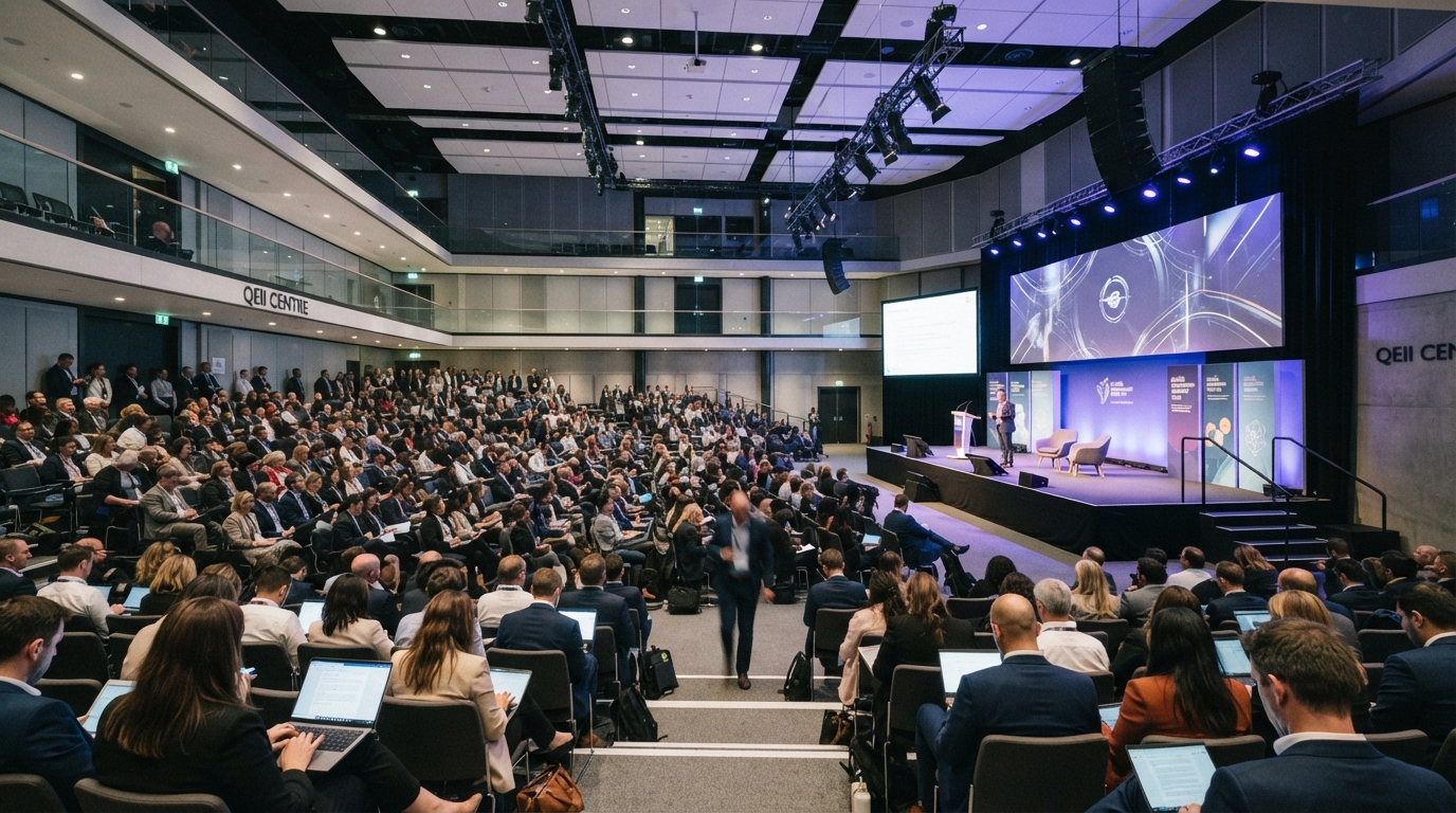Wide QEII Centre conference space with branded stage and delegates illustrating venue-specific event photography planning