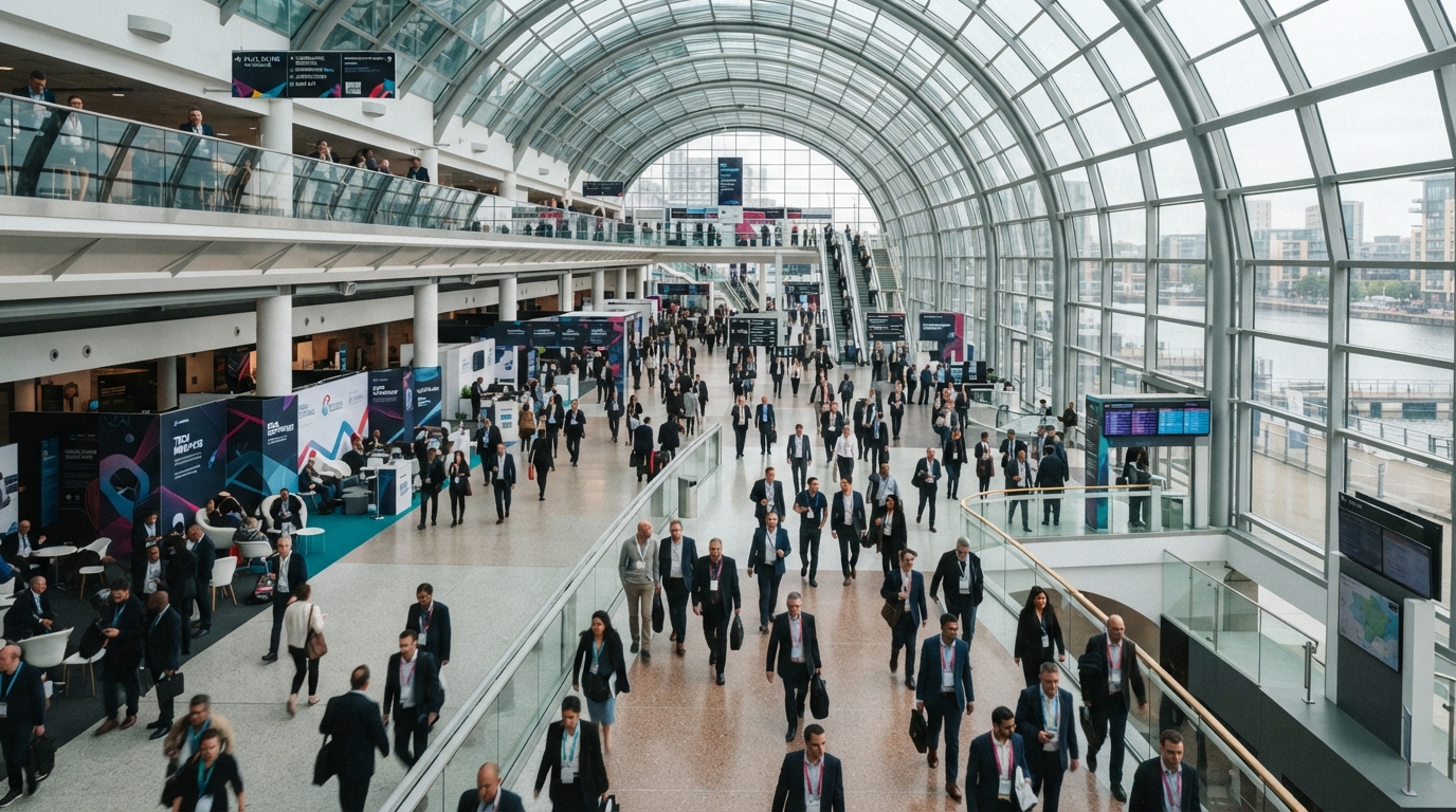 Large event concourse at ExCeL London showing delegate movement and venue scale for event photography planning