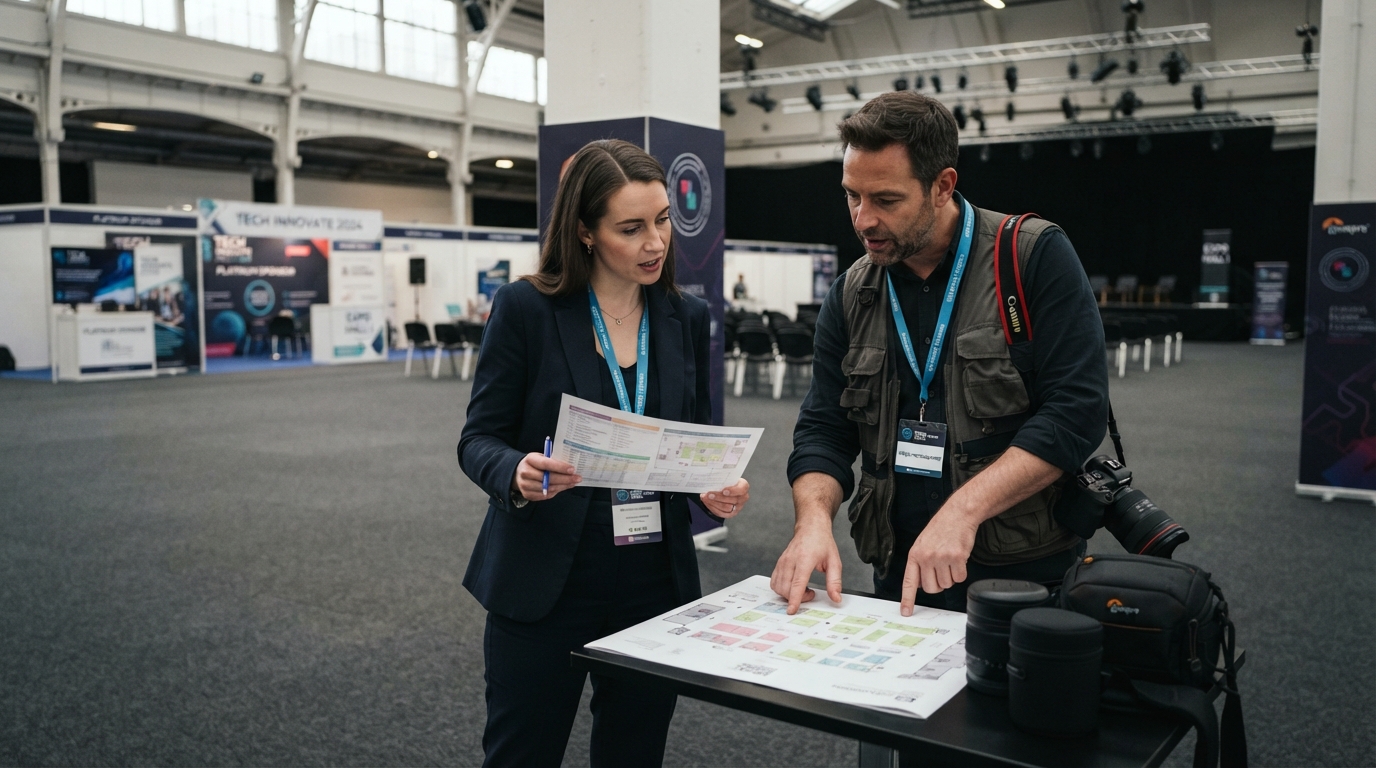 Event organiser and photographer reviewing a run sheet and venue plan before an Olympia London event