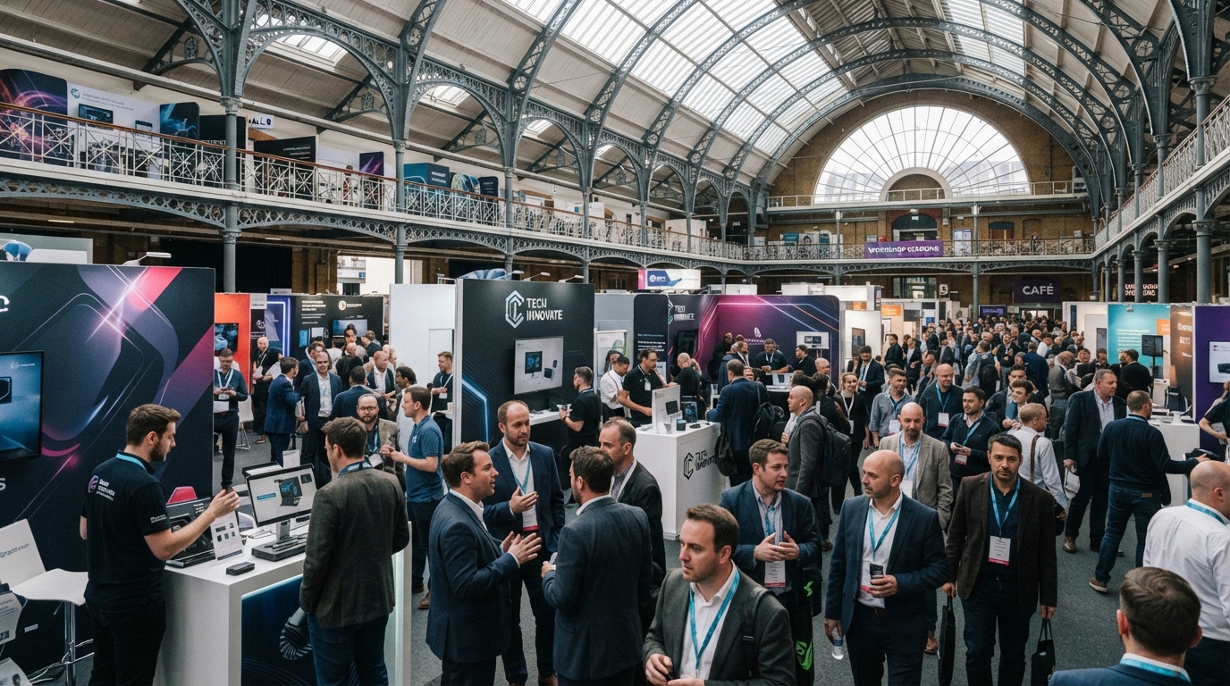 Trade show at the Business Design Centre with exhibitors, visitors and branded stands during professional exhibition photography