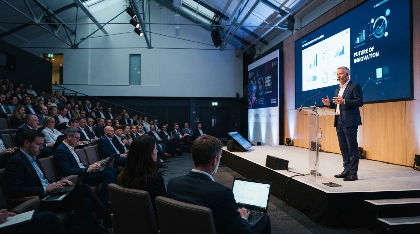 Keynote speaker and business audience in a Business Design Centre-style auditorium during a London corporate conference