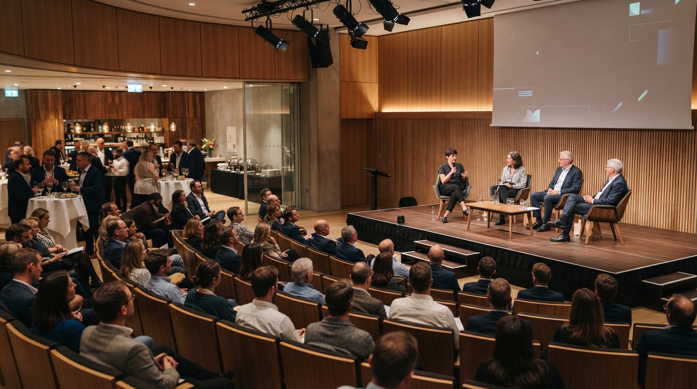 Panel discussion and networking event inside a flexible Kings Place Hall Two-style corporate venue