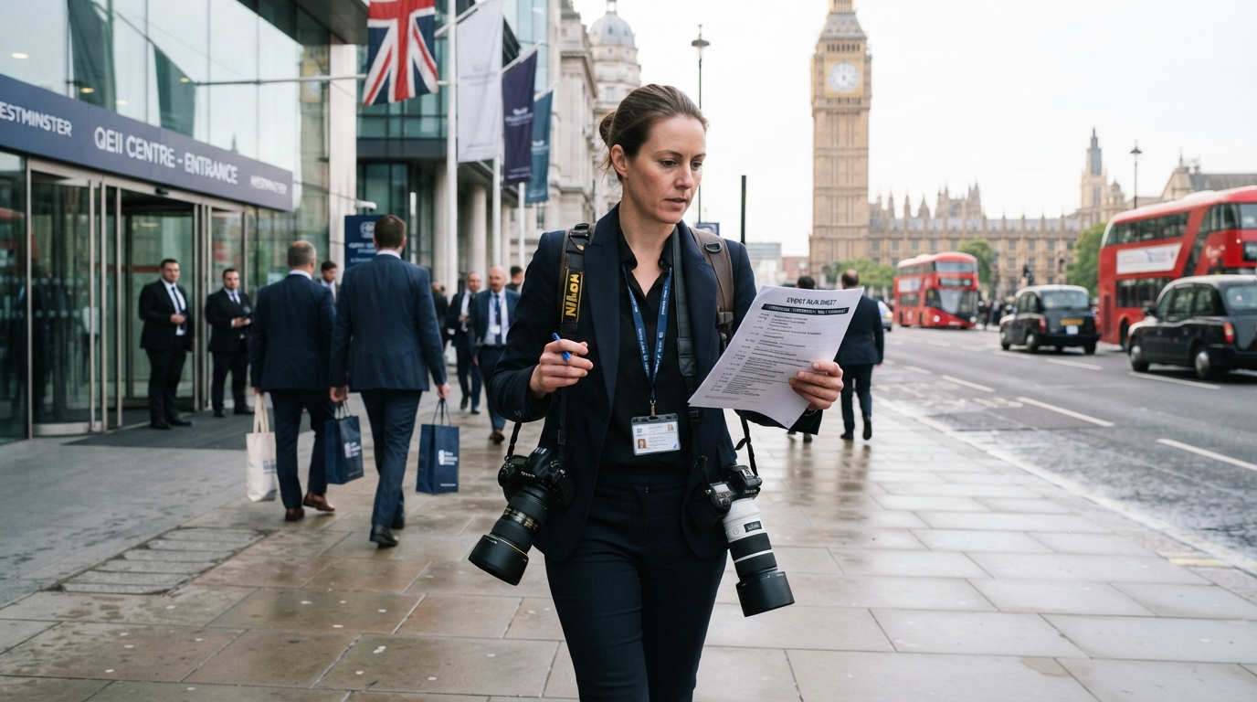 Professional event photographer in Westminster preparing to cover a corporate conference at the QEII Centre