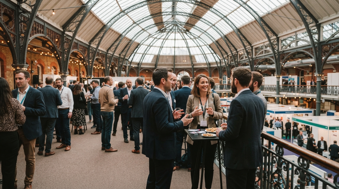 Corporate delegates networking on a bright Business Design Centre-style mezzanine beneath the historic glass roof