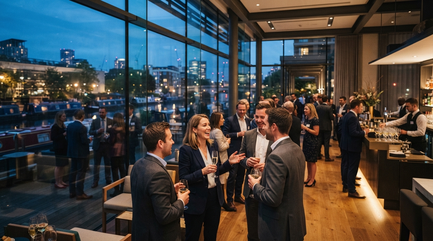 Corporate drinks reception at Kings Place-style venue with professionals networking beside Regent's Canal