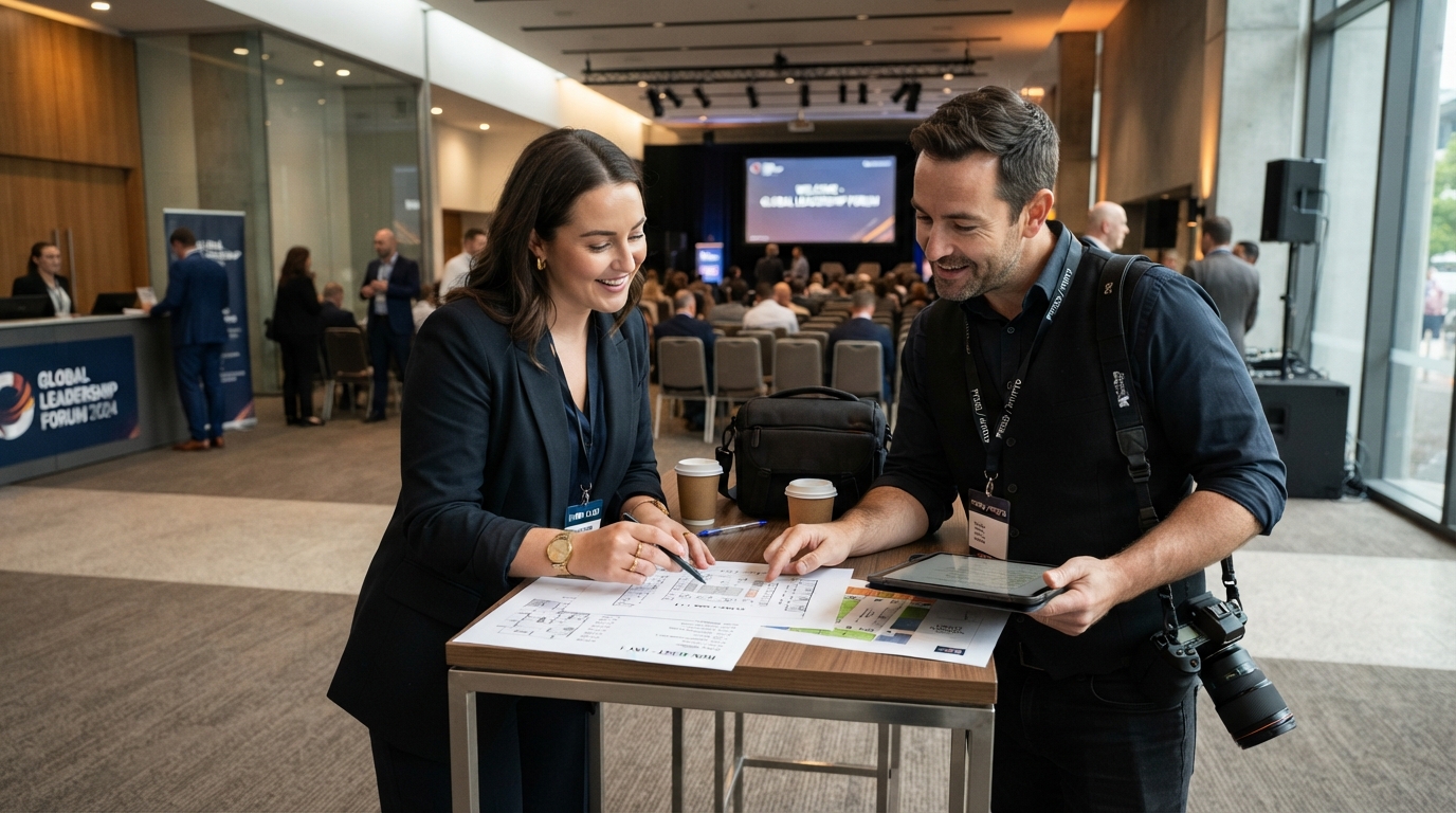 Event organiser and photographer reviewing run sheet and floor plan before an ExCeL London conference or exhibition 