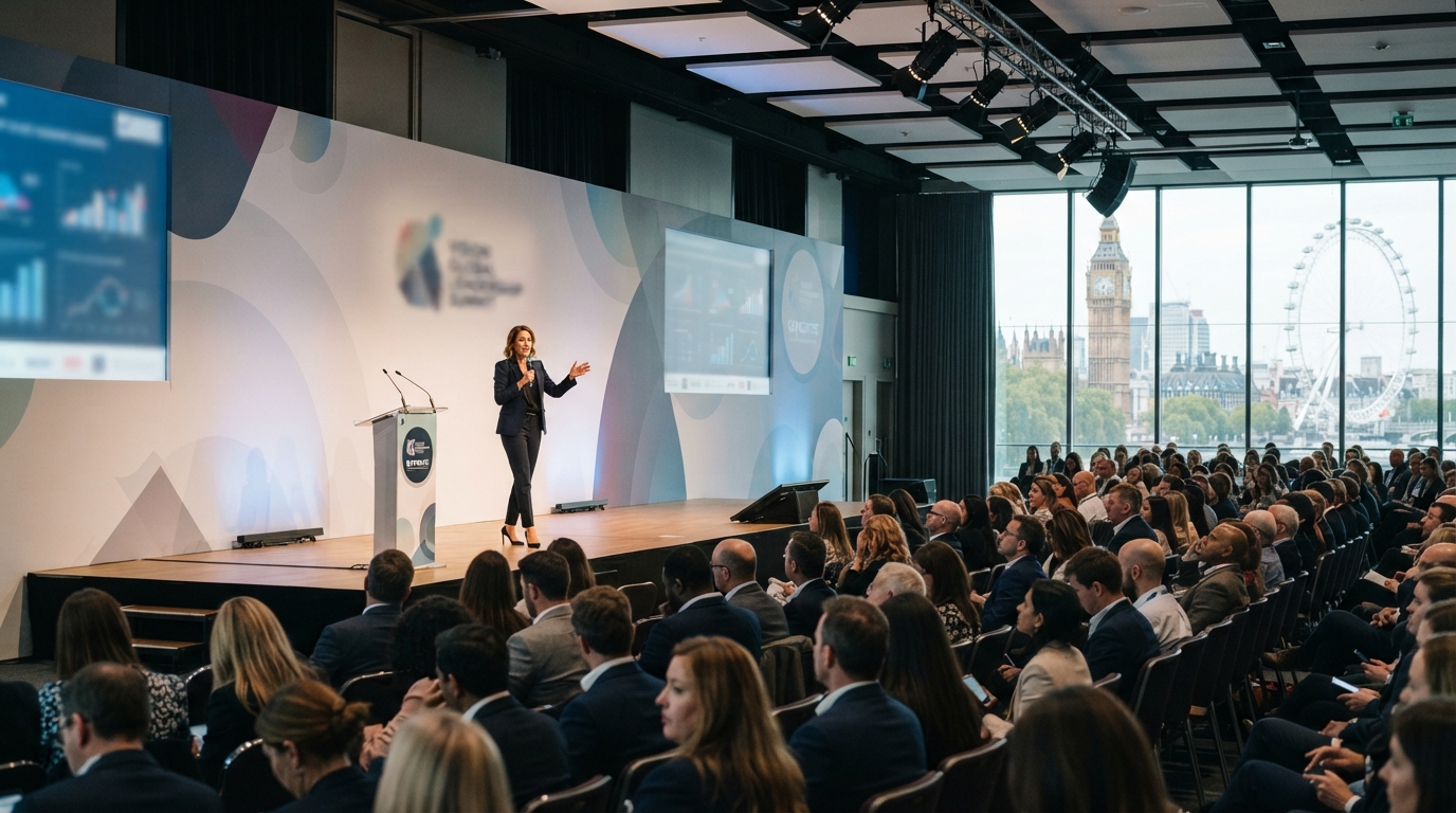 Corporate conference at the QEII Centre Westminster with keynote speaker, delegates and professional event production