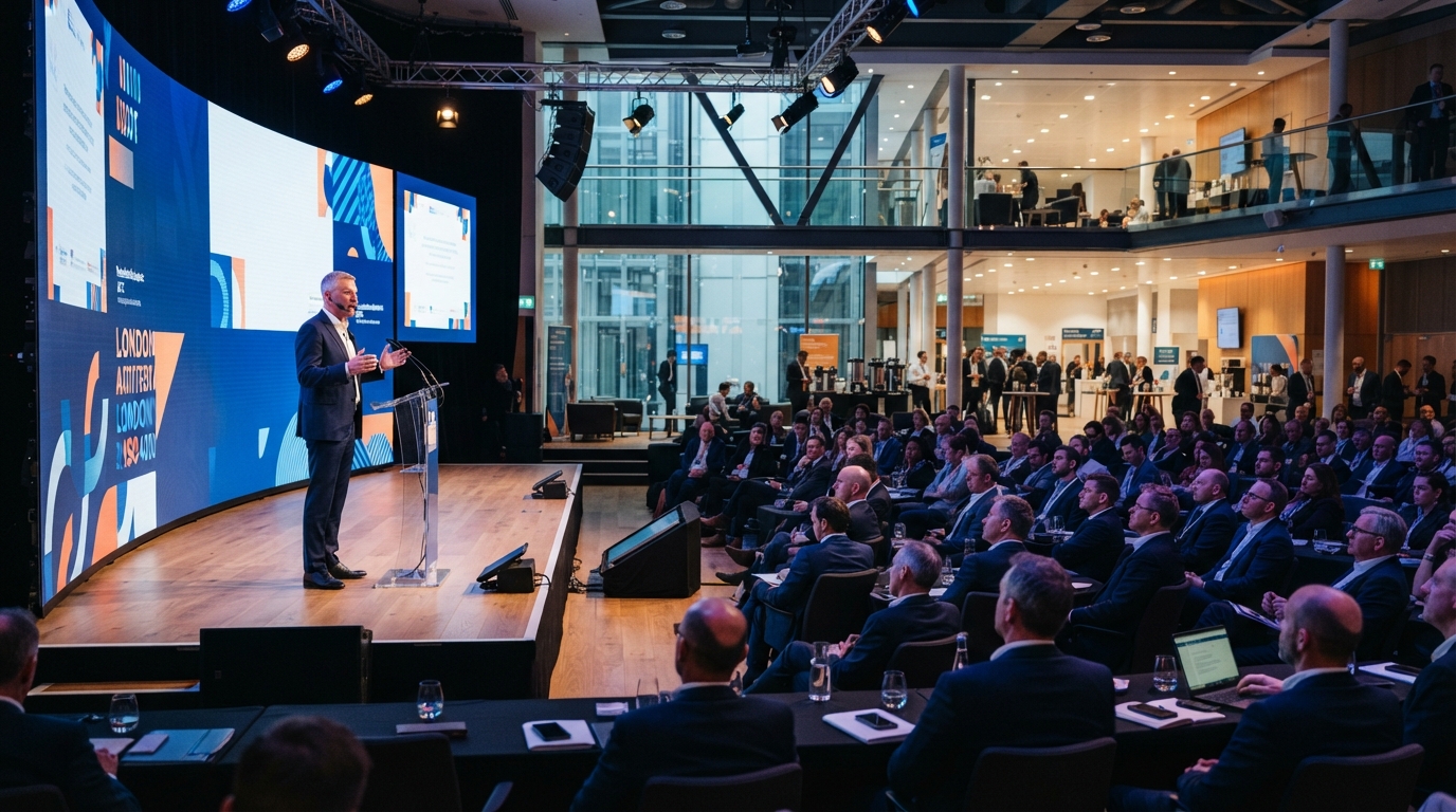Keynote speaker and business audience inside an Olympia London conference auditorium for professional conference photography