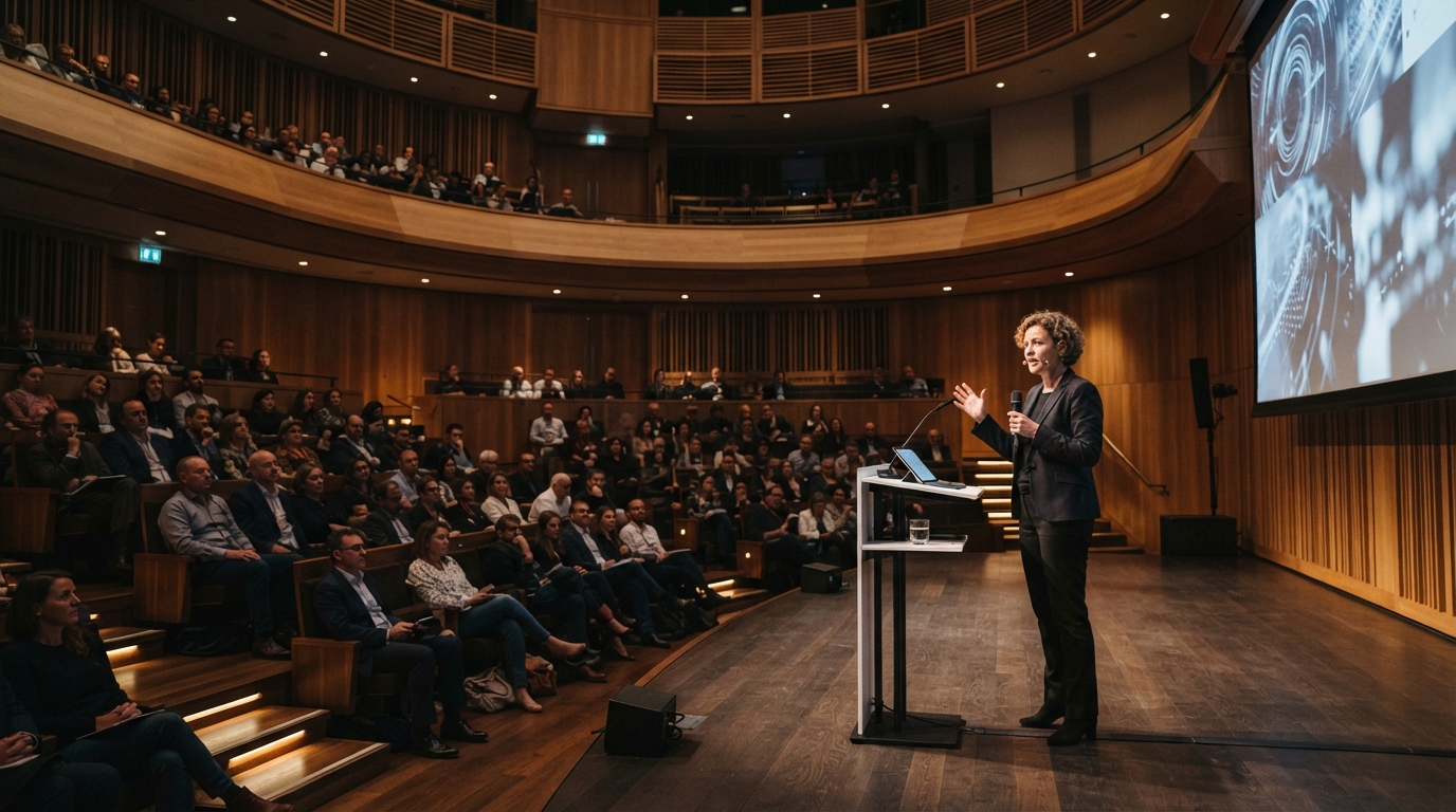 Keynote speaker and tiered business audience inside an oak-lined auditorium inspired by Kings Place Hall One