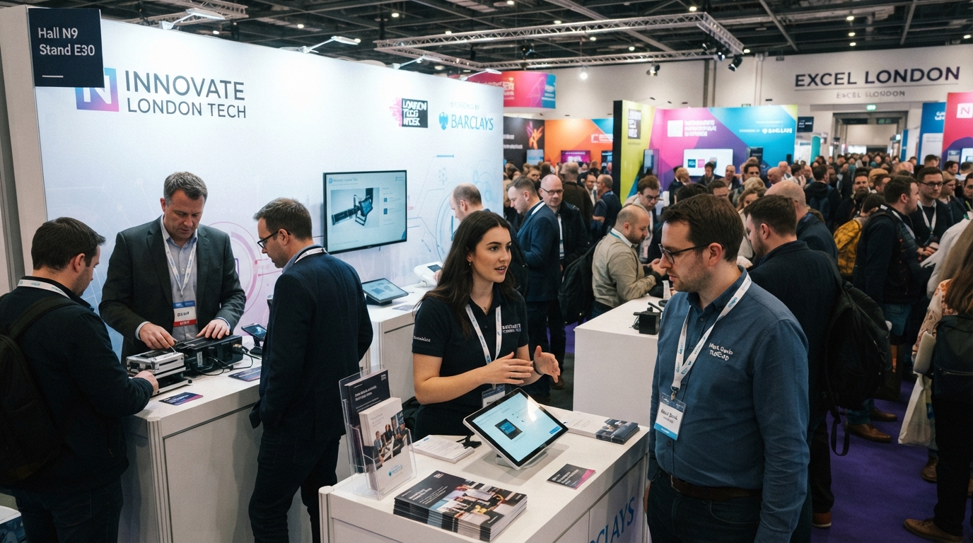 Exhibition stand at ExCeL London with visitors interacting, product display and branded trade show environment 