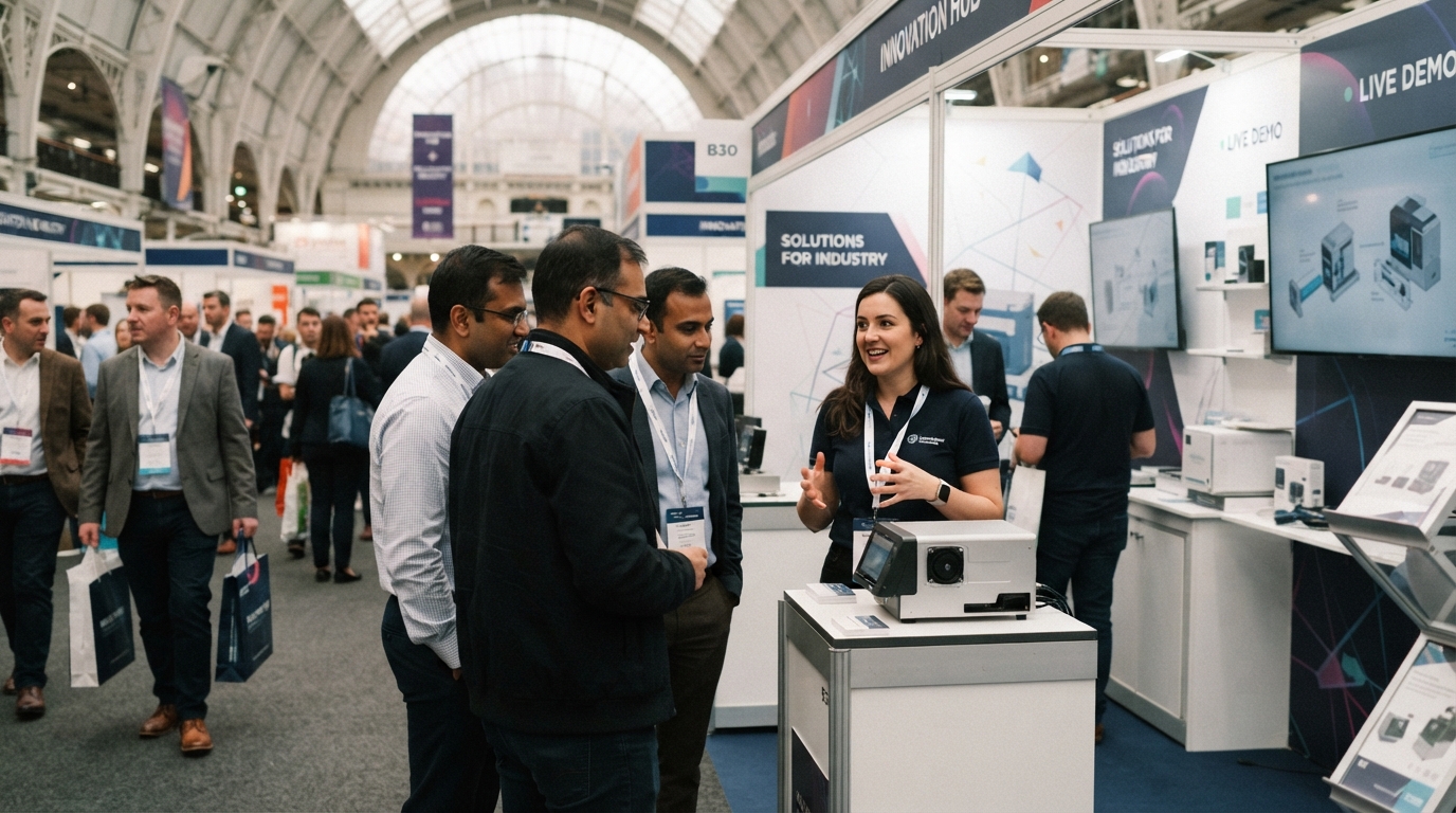 Olympia London trade show stand with staff demonstrating products and visitors interacting during an exhibition